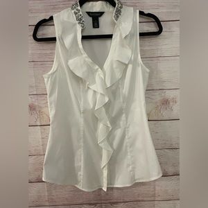 WHBM Ivory V-Neck Ruffle Front Sequin Collarl Sleveless Top Sz 4